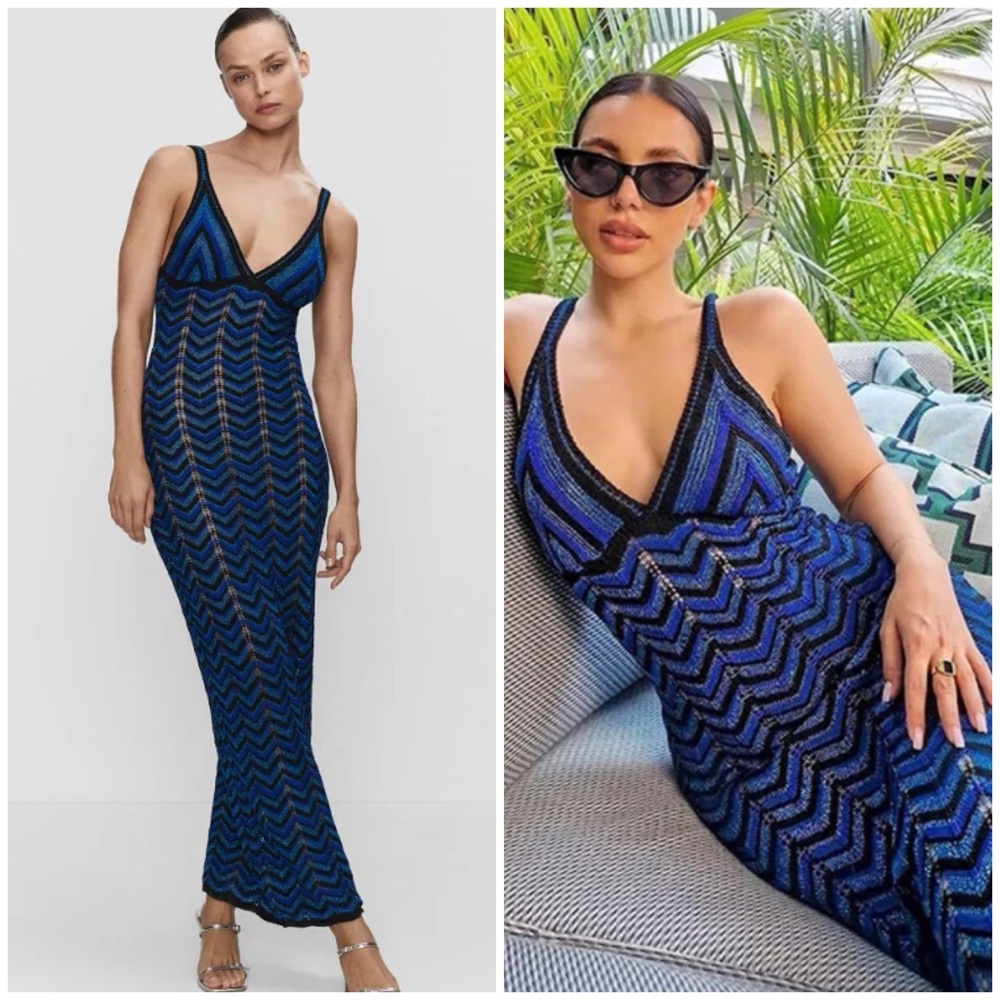 Mango Body Con Chevron Knit Maxi Dress in Blue